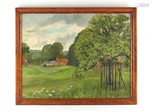 Property of a gentleman - Arabella Rivington - THE EDGE OF THE VILLAGE - oil on board, 16 by