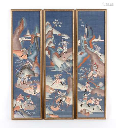 A set of three early 20th century Chinese kesi panels depicting hunting scenes, in matching glazed