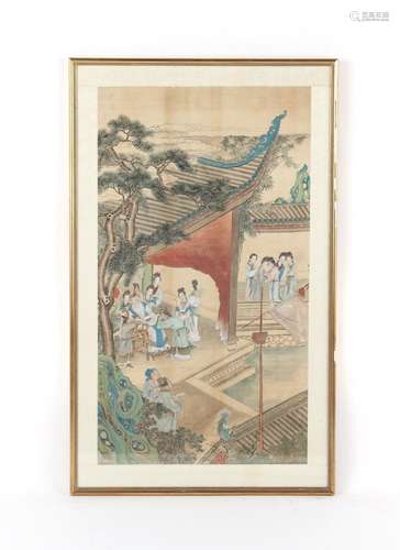 A late 19th / early 20th century Chinese painting on silk depicting a court terrace scene,