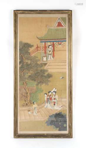 A late 19th century Chinese painting on silk depicting ladies on terrace & in garden, signed &