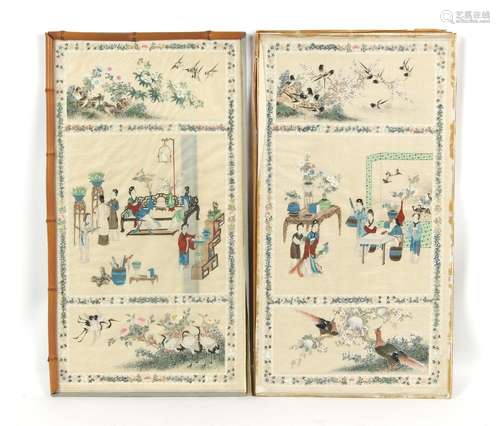 A pair of Chinese paintings on silk, early 20th century, each with a central panel depicting