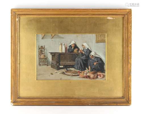 Property of a lady - late 19th century - INTERIOR SCENE WITH NUNS AND CHICKENS - oil on board, 7.5