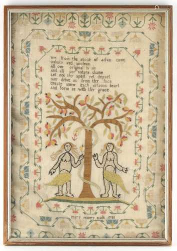 Property of a deceased estate - a late 18th century Adam & Eve sampler, by Mary Masey Ross, 1788,