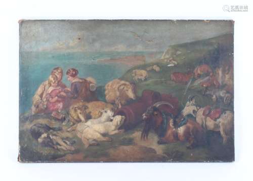 Property of a lady - English school, mid 19th century - A FAMILY WITH DOG, SHEEP AND GOATS ON A