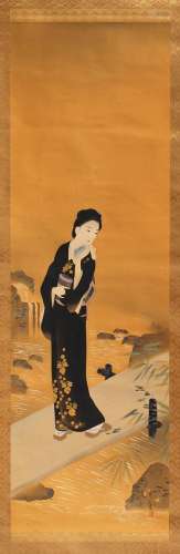 An early 20th century Japanese scroll painting on silk depicting a bijin standing on a bridge,