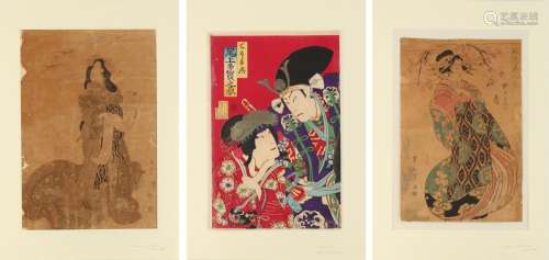 Three early / mid 19th century Japanese woodblock prints, two depicting bijins, the third