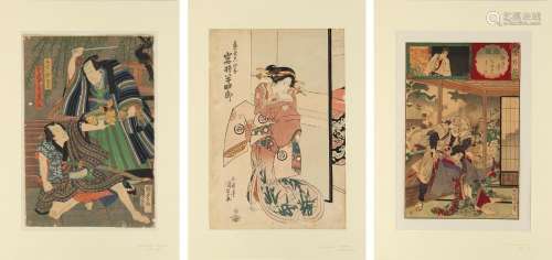 Three mid / late 19th century Japanese woodblock prints, two depicting Kabuki actors, the third