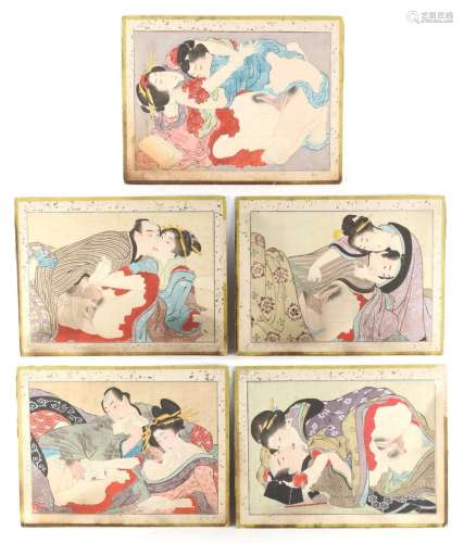 A set of five late 19th / early 20th century Japanese shunga (erotic) woodblock prints, mounted