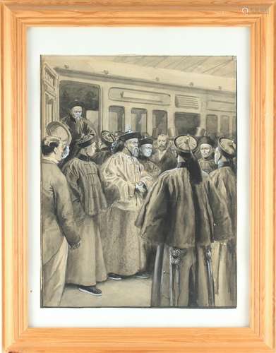 Early 20th century - CHINESE DIGNITARIES DIS-EMBARKING FROM A TRAIN - watercolour, 10 by 13ins. (