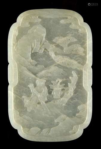 A Chinese carved white jade rounded rectangular plaque or panel, 18th / 19th century, with re-