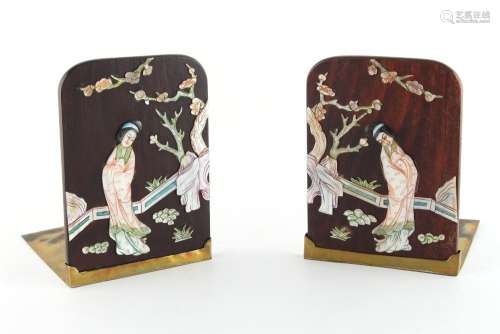 Property of a lady - a pair of Japanese hardwood & brass book-ends with applied carved mother-of-