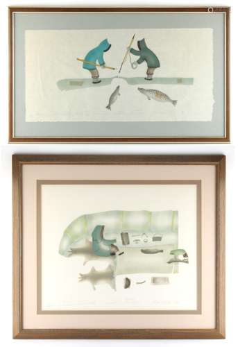 Property of a lady - two Inuit etchings by Enookie Akulukjuk (Pangnirtung, b.1943), in glazed