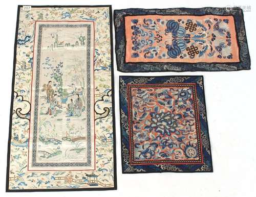 Property of a lady - three Chinese embroidered silk panels, all unframed, the largest 28.75 by 14.