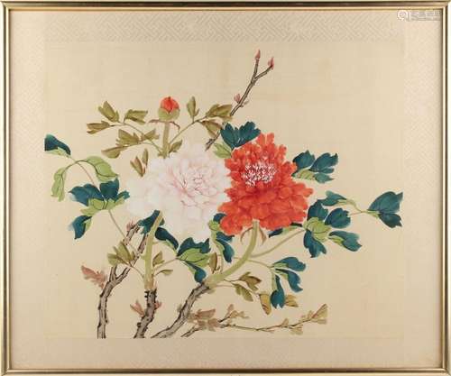 Property of a deceased estate - a Chinese painting on silk depicting peonies, mid / late 20th