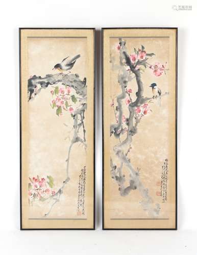 Property of a gentleman - a pair of Chinese paintings on paper depicting birds among blossoming