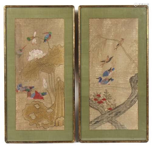 Property of a gentleman - a pair of paintings on silk depicting pond scenes, the paintings each 30.5