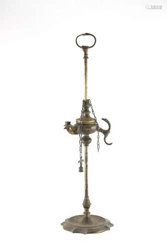 Property of a lady - an 19th century bronze twin light adjustable oil lamp in the antique Roman