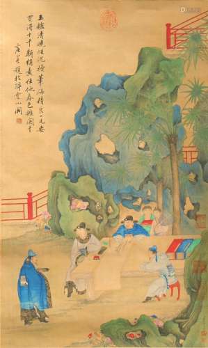 A good 19th century Chinese scroll painting on silk depicting figures at a table in landscape,