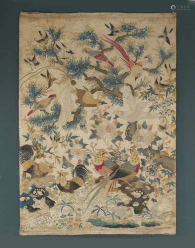 A 19th century Chinese embroidered silk 'Hundred Birds' panel, the silk embroidery 21.25 by 14.