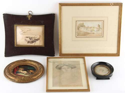 Property of a deceased estate - a group of five assorted small pictures including a 19th century ink