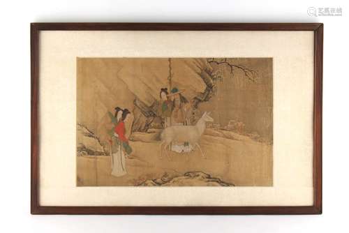 An 18th century Chinese painting on silk depicting four figures & a deer in landscape, the