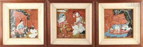 Property of a lady - a set of three Indonesian paintings on linen depicting figures, in matching