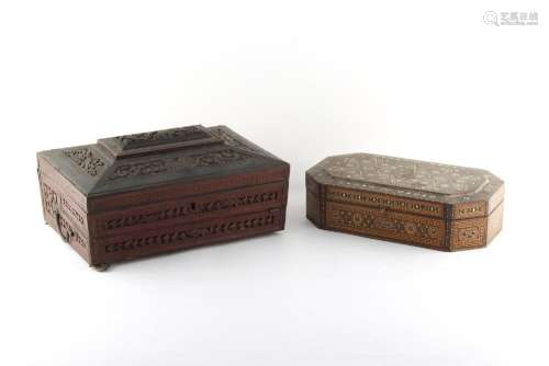 Property of a lady - a 19th century Indian carved hardwood box with part fitted interior, 12ins. (
