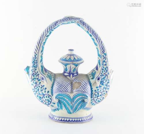 Property of a gentleman - an Indian or Ottoman Islamic turquoise & blue faience zoomorphic ewer
