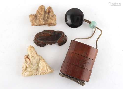 Property of a lady - a Japanese inro (a/f); together with two small Chinese soapstone carvings,