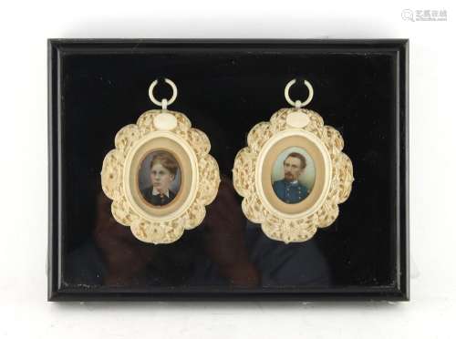 A pair of late 19th century carved ivory framed portrait miniatures depicting a lady and