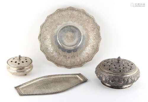 Property of a gentleman - a group of four Indian or Islamic silver items, the circular dish 10.85ins