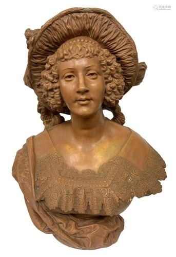 Terracotta half-way portrait of a woman by Je…