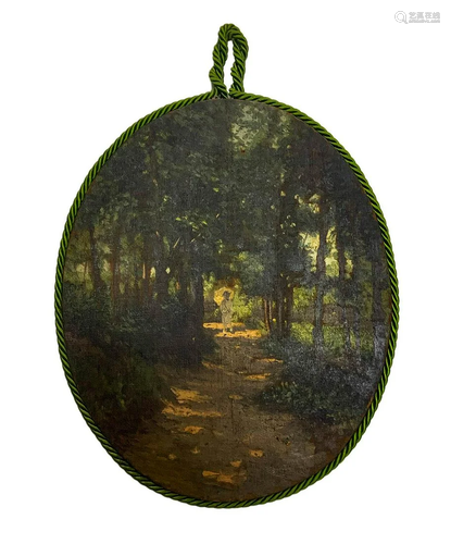 Oval oil painting on canvas depicting wooded…