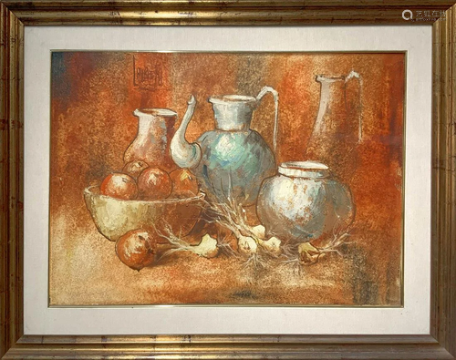 Oil painting on canvas depicting still life …