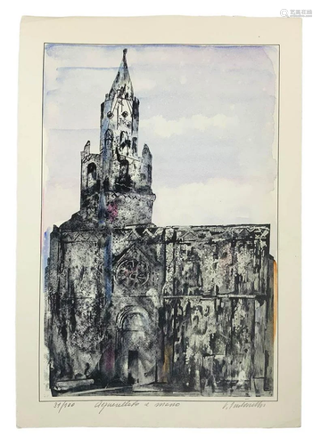 Hand watercolored etching of Santa Maria As…