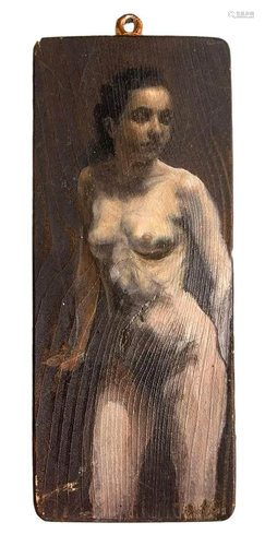 Oil painting on panel depicting naked w…