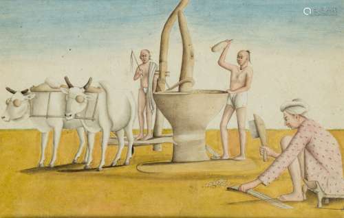 A COMPANY SCHOOL PAINTING DEPICTING THE EXTRACTION OF SUGAR, NORTHERN INDIA, EARLY 19TH CENTURY