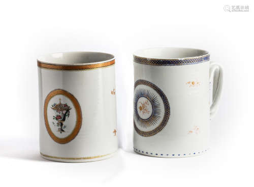 TWO CHINESE EXPORT PORCELAIN MUGS, EARLY 19TH CENTURY, each cylindrical with entwined reeded handles