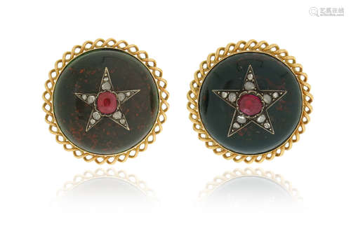 A pair of gem-set gold earrings, the bloodstones set with a ruby and diamond star in silver,