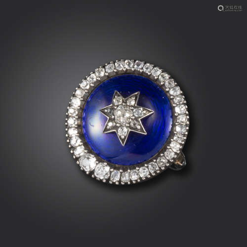 A 19th century diamond-set brooch, with blue enamel decoration within a surround of graduated old