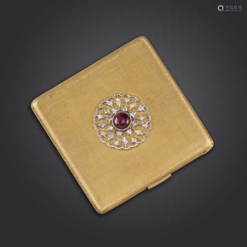 A ruby and diamond-set compact by Buccellati, the square case of brushed gold finish with central