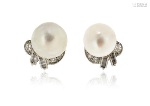 A pair of cultured pearl cluster earrings, the pearls measure approximately 12.1 - 12.3mm, set