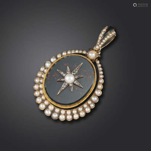 A late Victorian bloodstone and seed pearl locket pendant, the bloodstone applied with a diamond and