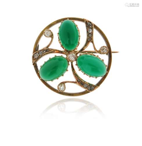 A chrysoprase and diamond circular brooch, set with cabochon chrysoprase in the form of a three-leaf