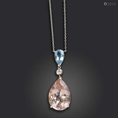 A morganite, aquamarine and diamond necklace, the pear-shaped aquamarine suspends a round