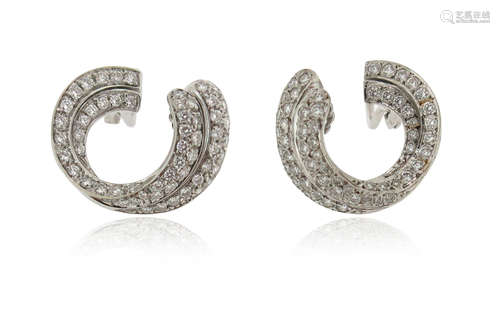 A pair of diamond scroll earrings, pavé-set with round brilliant-cut diamonds in white gold, post