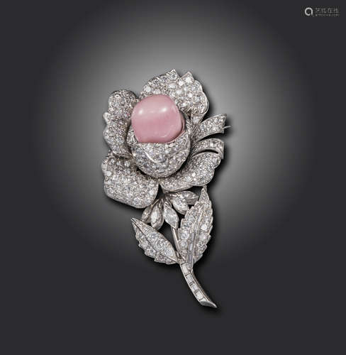 A diamond and conch pearl-set rose brooch, pave-set overall with graduated circular-cut diamonds,