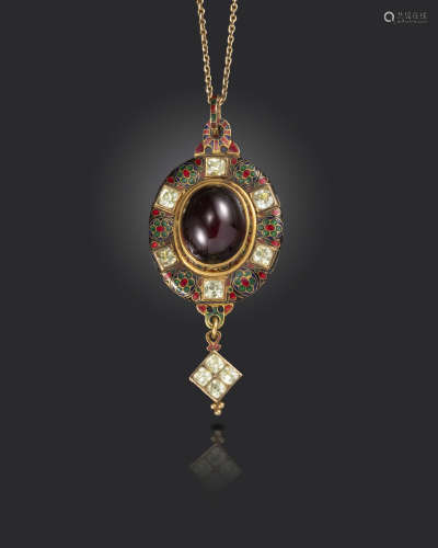 A gem-set and enamel Holbeinesque pendant, set with a central oval garnet cabochon within polychrome