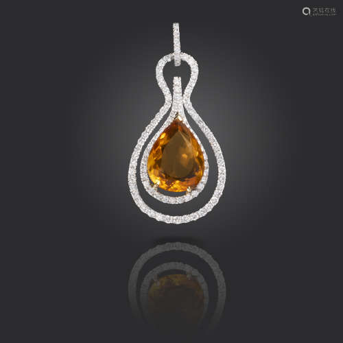 A citrine and diamond pendant, centred with a pear-shaped citrine within a border of circular-cut