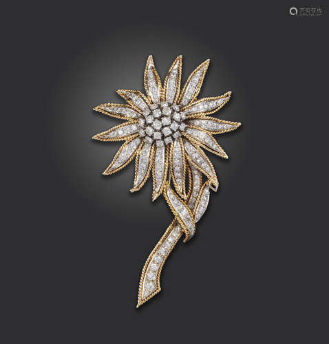 A diamond-set gold flower brooch, c1960, with a centre cluster of round brilliant-cut diamonds,